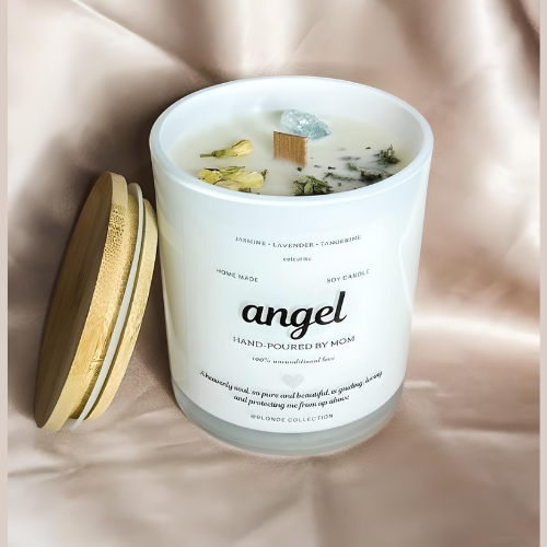 Handmade Angel Premium Soy Candle with Celestite Stone for Spiritual Connection and guidance