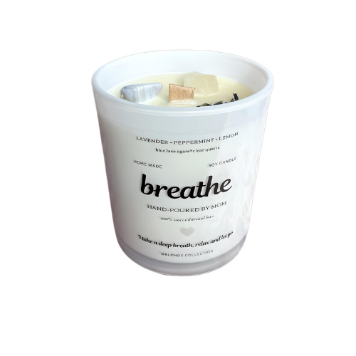 Handmade breathe premium soy candle with Blue Lace Agate and clear quartz crystal for harmonious restoration