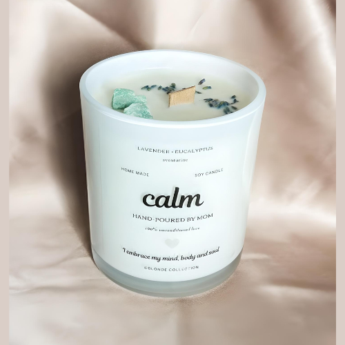 Handmade premium soy candle with aventurine stone for inner peace and prosperity